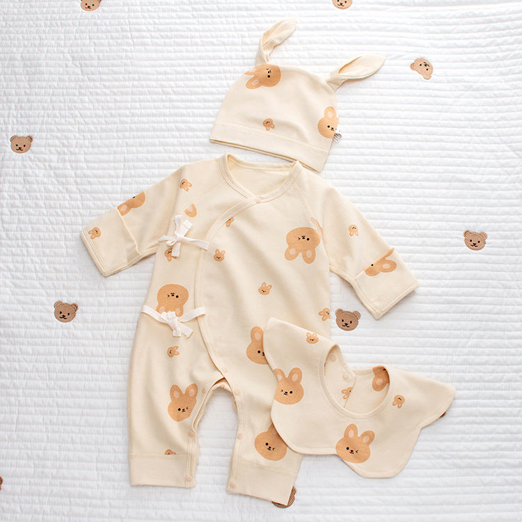 Coordinato Set Neutro Neonato/a Bimbo/ Bimba  3 pezzi – Coniglietti beige in cotone