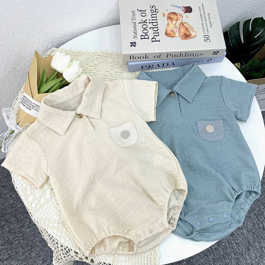 Body estivo con colletto e taschino smile   in lino misto cotone