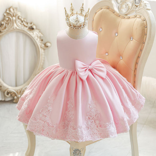 Abito da Cerimonia Bambina Rosa con Ricami e Fiocco Maxi