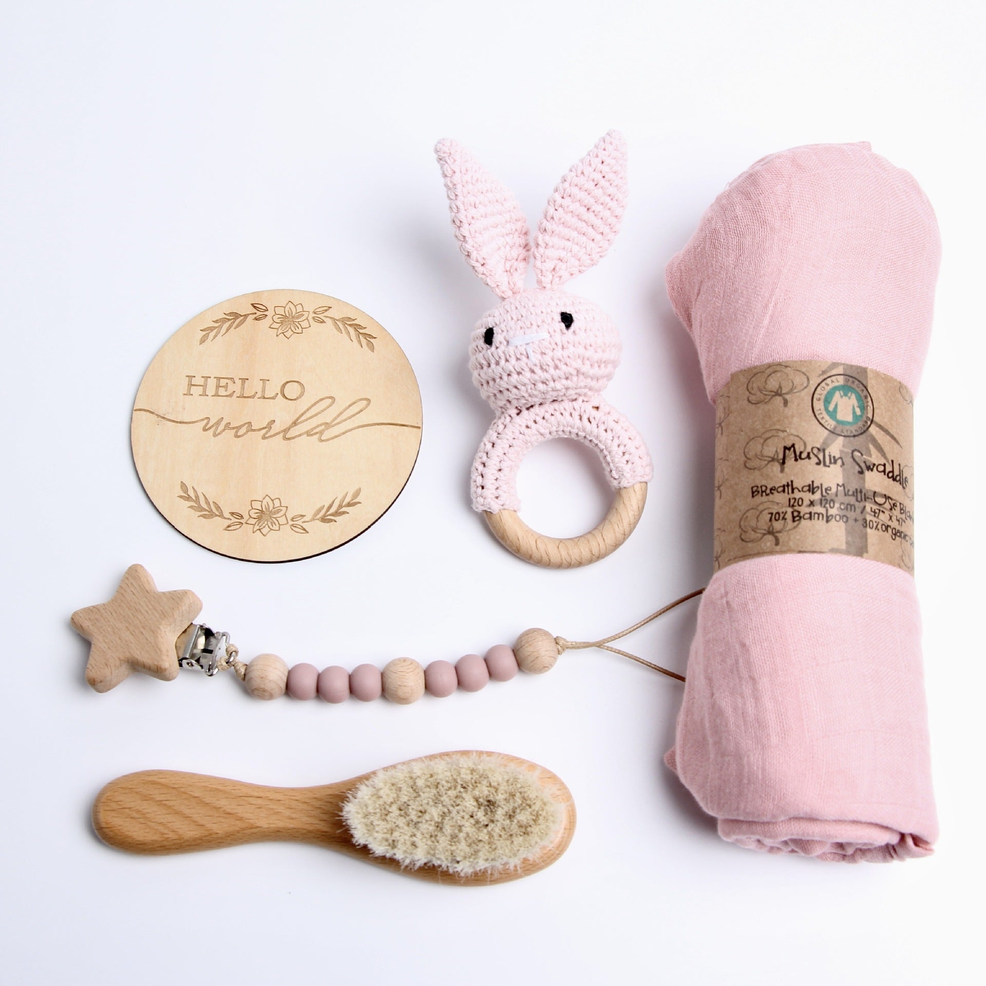 Set Regalo Neonato in Legno e Cotone rosa