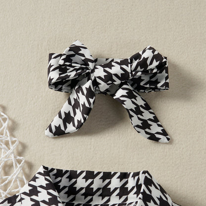 Body Elegante Bambina con Cintura e Fiocco  Fantasia Pied de Poule
