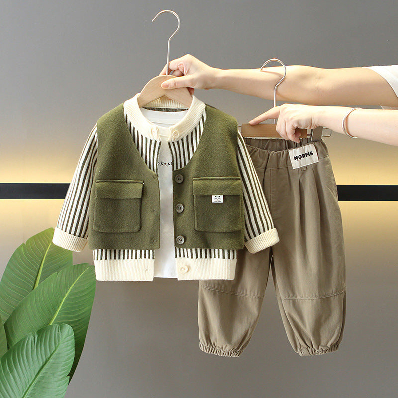 Set 3 pezzi bambino – Maglietta, cardigan a righe e pantaloni -2 varianti colore