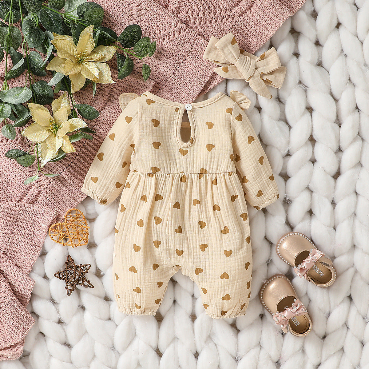 Tutina Neonata/ Bimba in Cotone con Cuoricini  Fiocchi e fascia coordinata