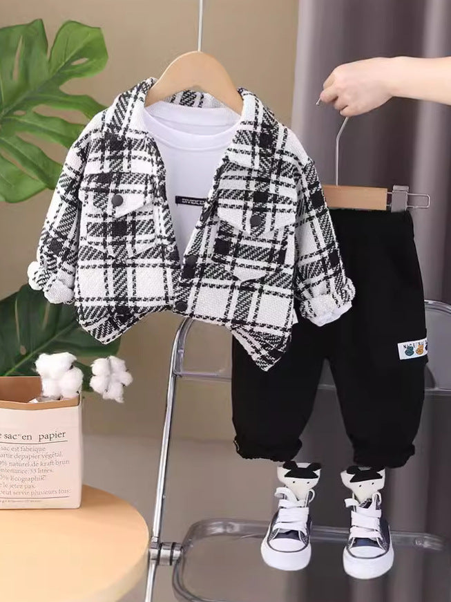 Completo Bambino 3 Pezzi  Camicia a Quadri, T-shirt Bianca e Pantaloni Jogger