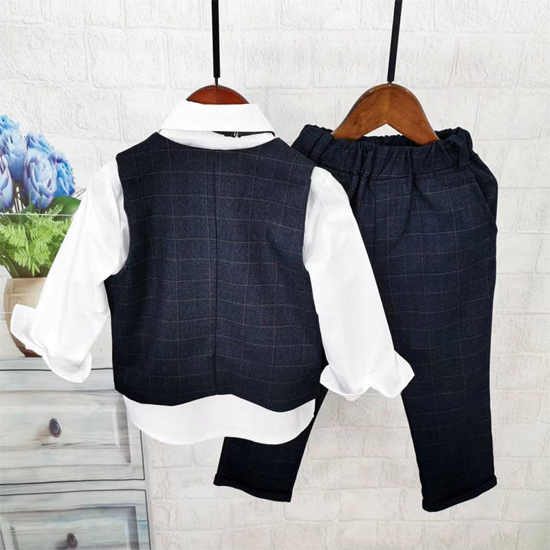 Completo Elegante Bambino 3 Pezzi con Gilet e Papillon– Nero Quadri