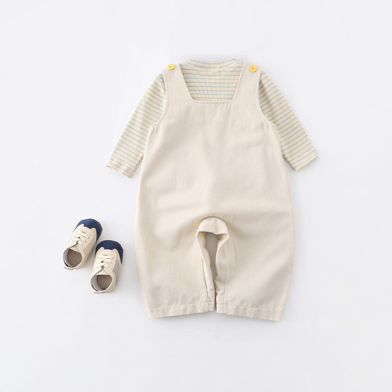 Completo Neutro 2 Pezzi – Salopette Beige con Animaletti + Maglia a Righe