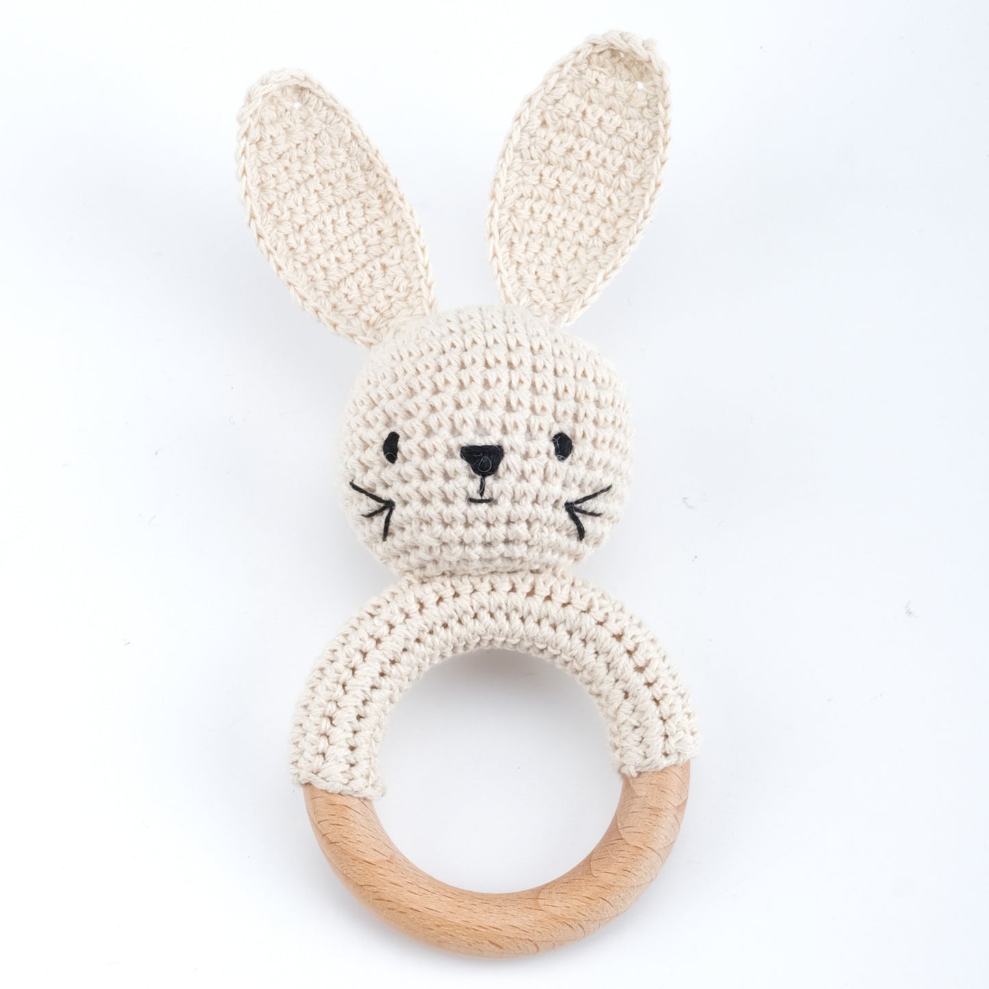 Sonaglio neonato in legno e cotone all’uncinetto – Animali handmade