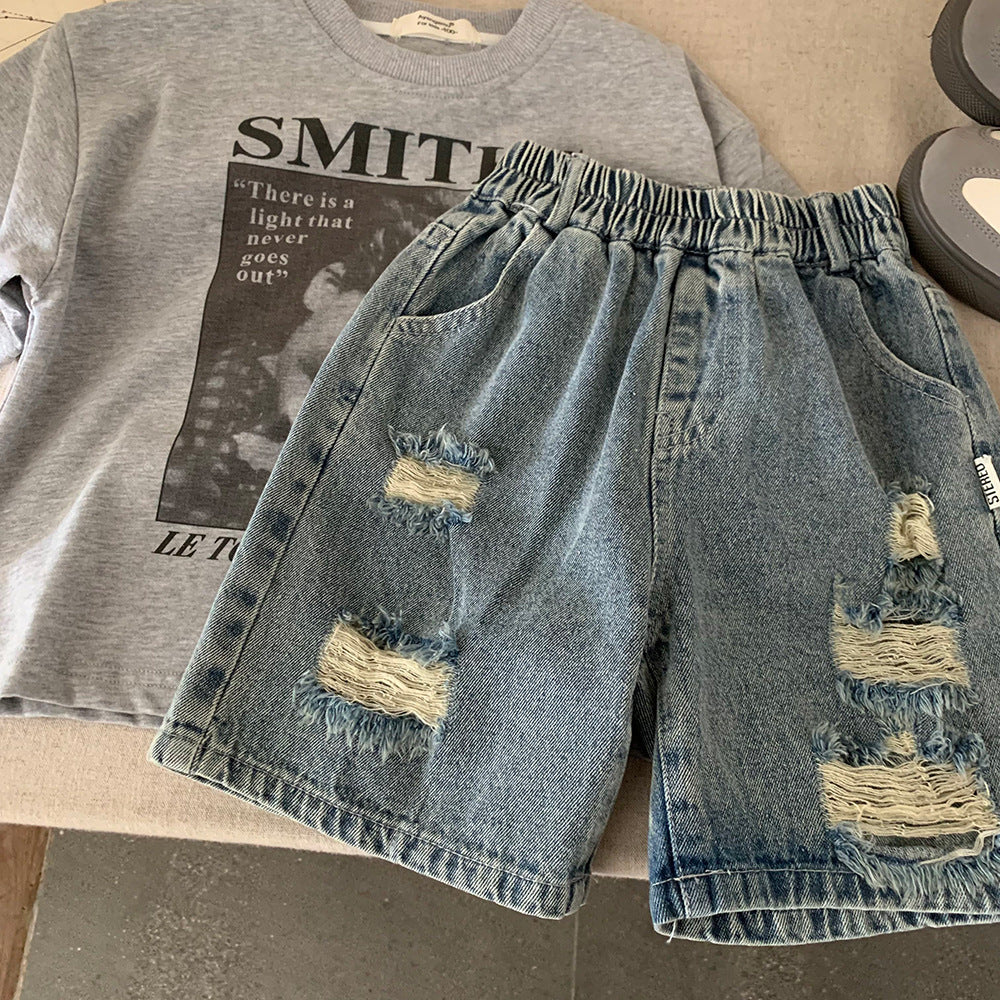 Shorts Bambino in Jeans con Effetto Strappato