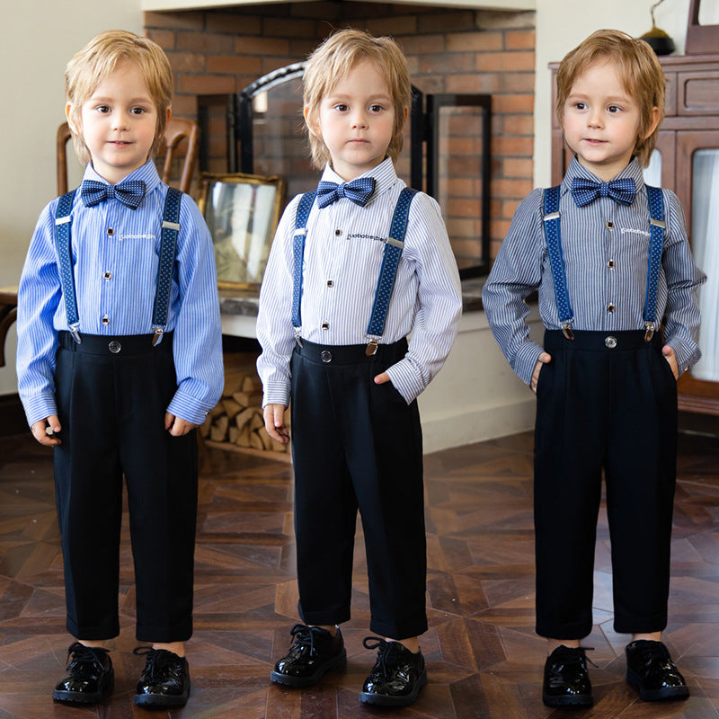 Completo Elegante Bambino con Papillon e Bretelle  Camicia a Righe e Pantalone Classico