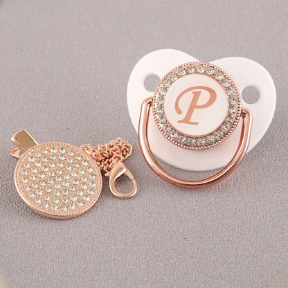 Set Ciuccio Luxury Bianco e oro rosa con Clip – Personalizzato con Iniziale (6-12 mesi)