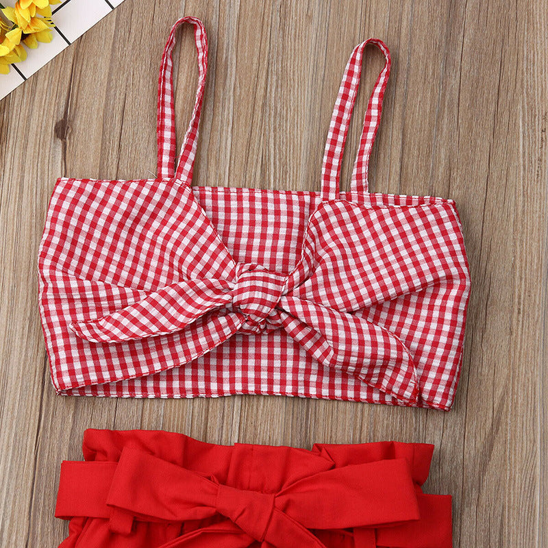 Completo estivo bambina rosso con top a quadretti e shorts con fiocco