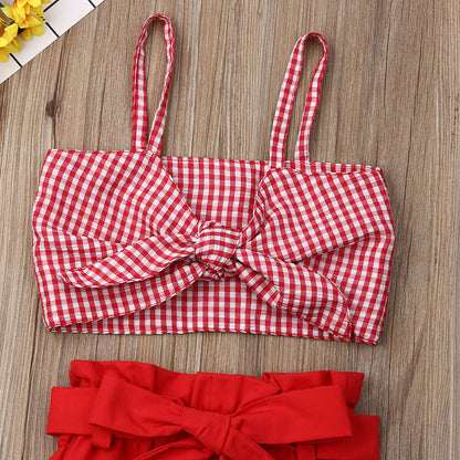 Completo estivo bambina rosso con top a quadretti e shorts con fiocco
