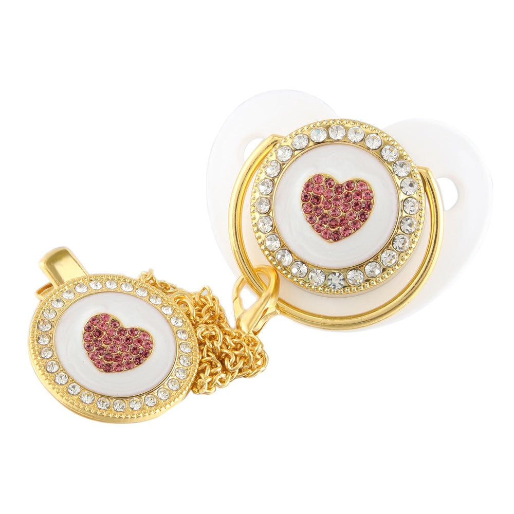 Set Ciuccio e Catenella con Cuore Rosa in Cristalli