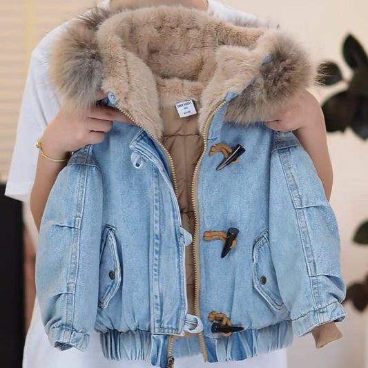 Giubbotto Invernale Unisex a in Jeans con Interno Imbottito e Cappuccio in Eco-Pelliccia