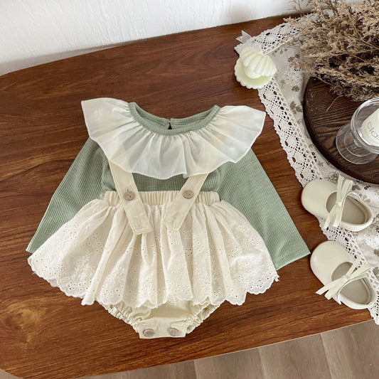 Completo per Bambina con Body Verde Salvia e Gonna in Pizzo - Stile Romantico