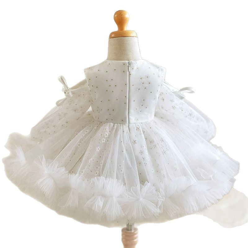 Abito Bianco da Cerimonia Bimba con Maniche in Tulle e Ricami