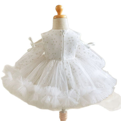 Abito Bianco da Cerimonia Bimba con Maniche in Tulle e Ricami