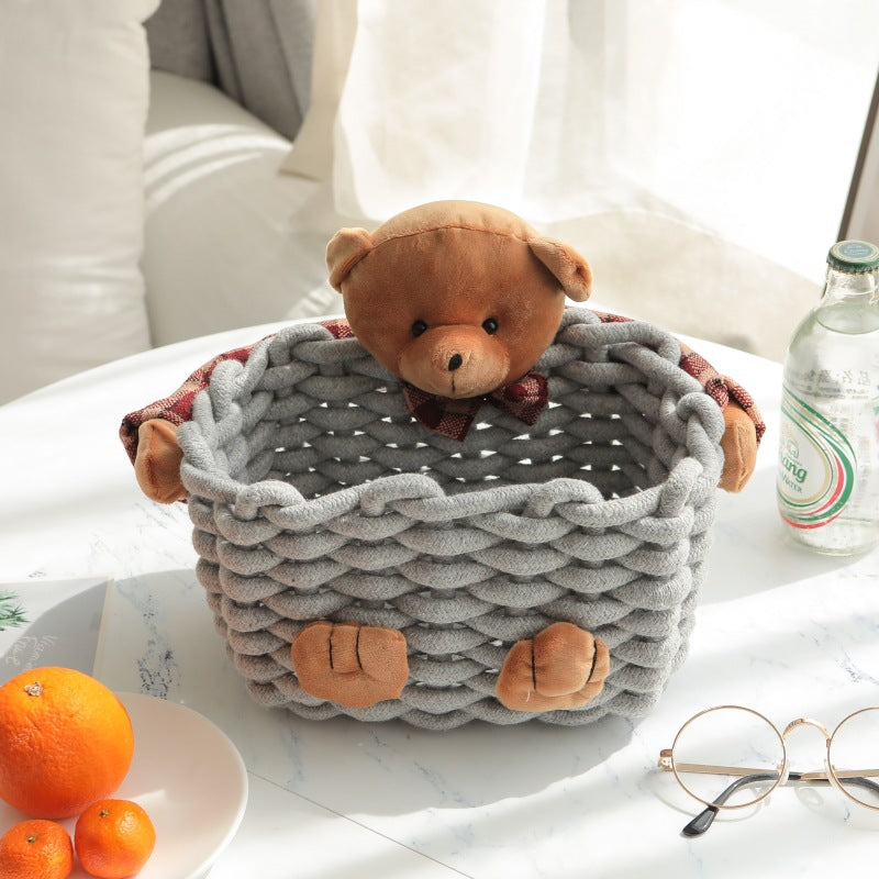 Cestino Portaoggetti con Orsetto in Stoffa – Contenitore Intrecciato per Cameretta e Regali