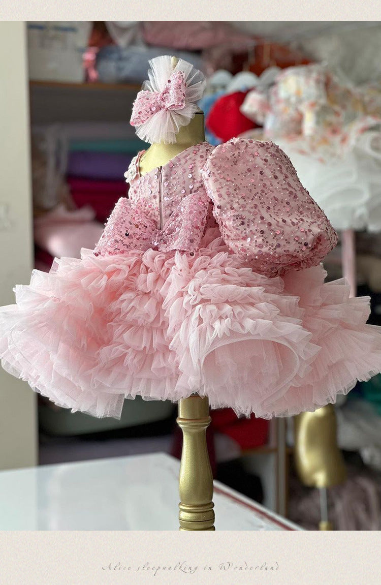 Abito da Cerimonia Bambina - Rosa con Paillettes, Tulle Vaporoso e Fiocco Coordinato