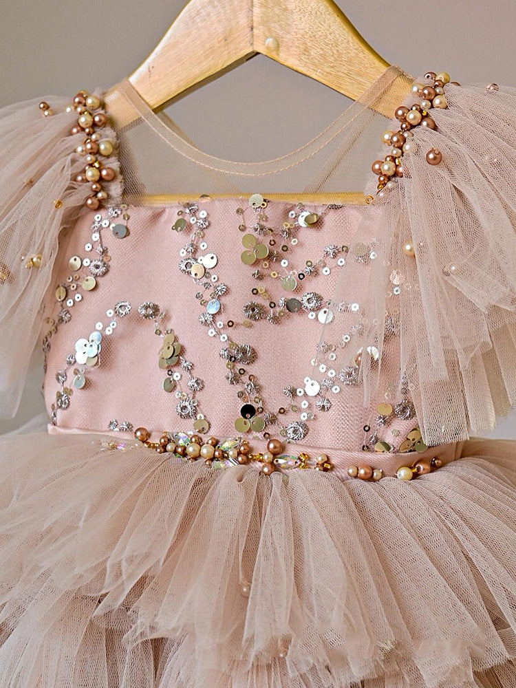 Abito da Cerimonia Bambina in Tulle Multistrato con Paillettes, Perline e Maxi Fiocco