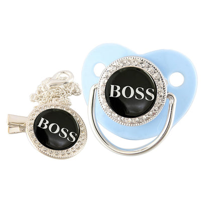 Set Ciuccio con Catenella “BOSS” – Design Elegante con Strass argento