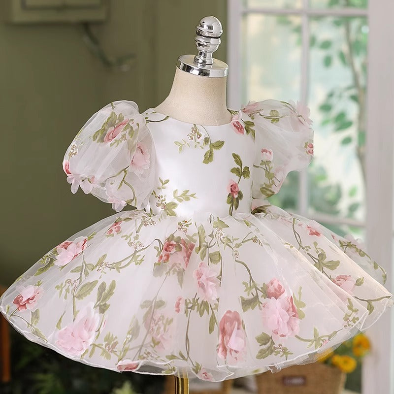 Abito Elegante Bimba con Fiori Rosa e Maxi Fiocco