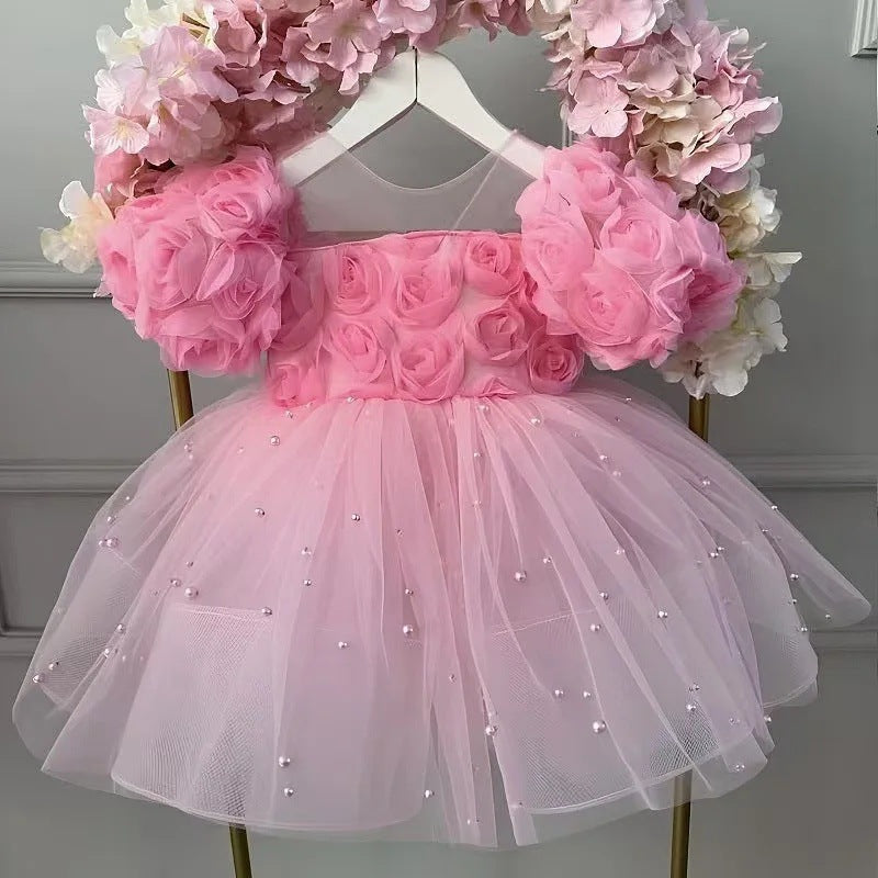 Abito da Cerimonia Bambina – Gonna in Tulle con Perle e Corpetto in Rose 3D