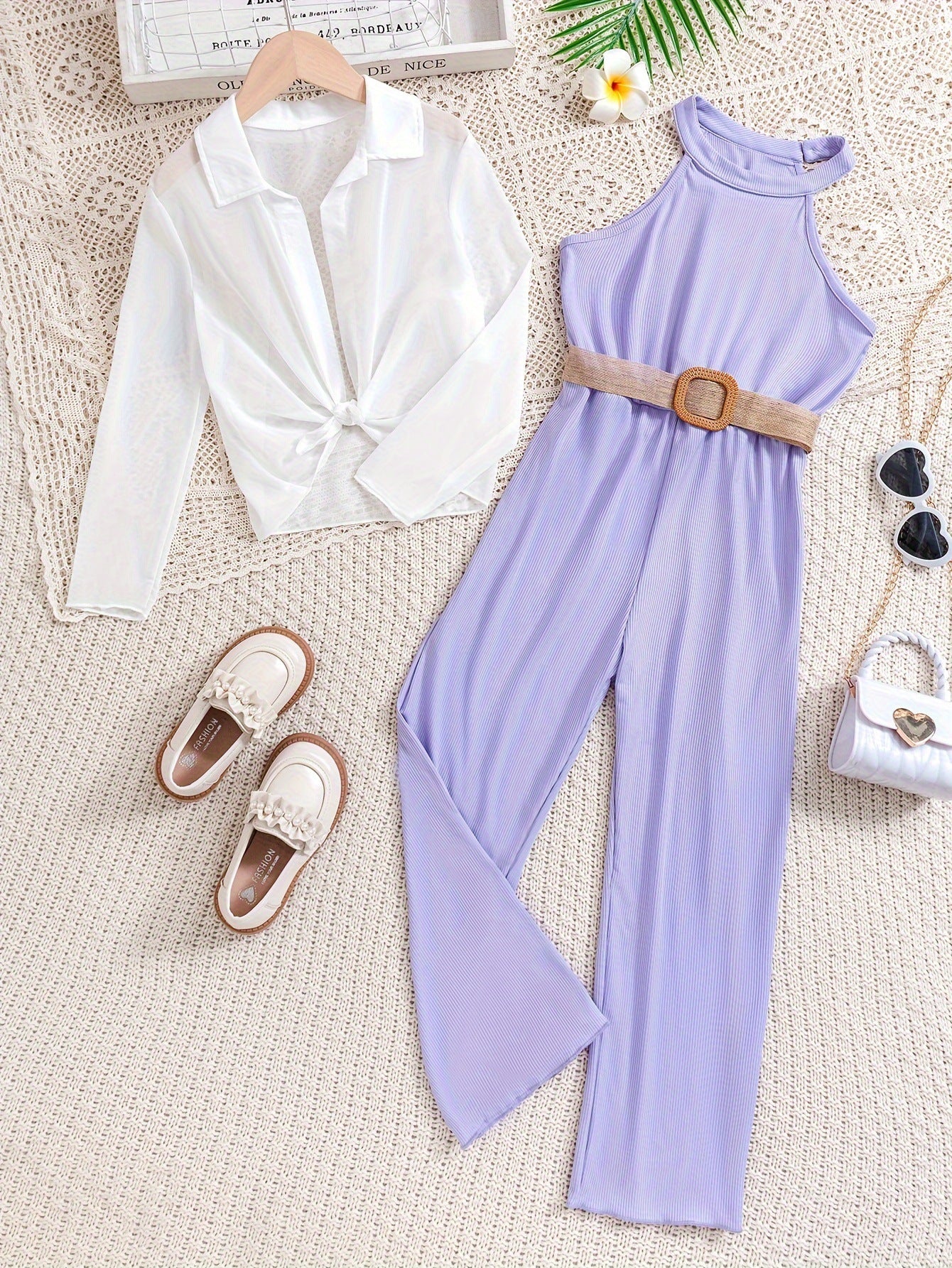 Set Elegante Bambina  Tuta   con Cintura e Camicia Bianca vari colori