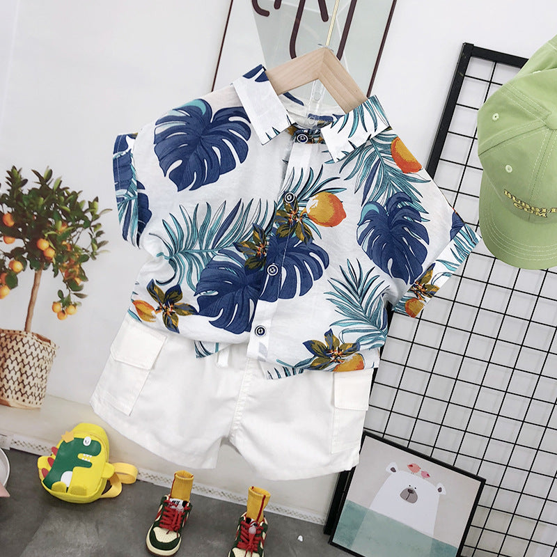 Completo Estivo Bambino  Camicia Tropicale e Shorts Bianchi