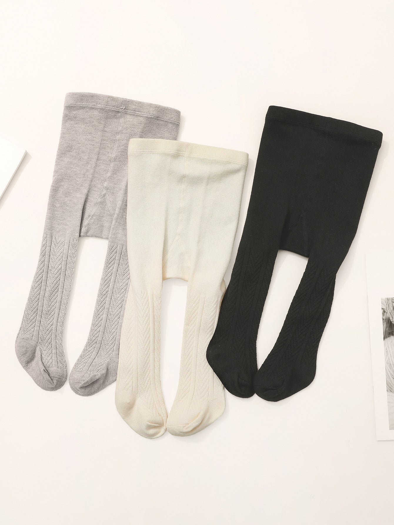 Collant 3pz  bimba in cotone lavorato a treccia  Grigio, Panna, Nero