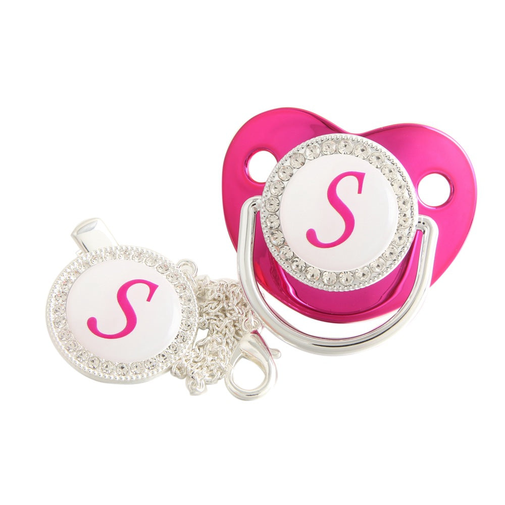 Set Ciuccio Luxury Fucsia e argento con Clip – Personalizzato con Iniziale (6-12 mesi)