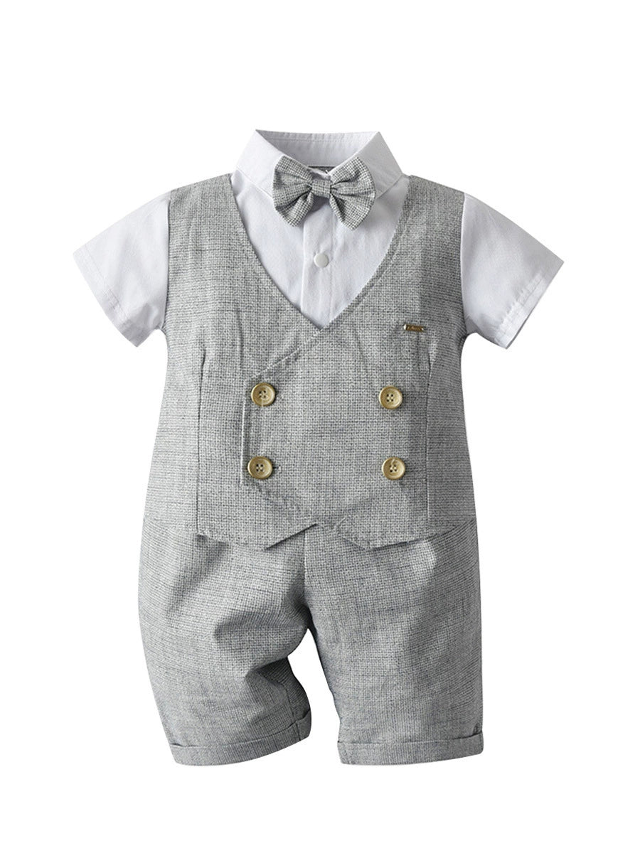 Completo Elegante Bimbo "Little Gentleman" Camicia, Gilet, Papillon e Shorts Azzurri
