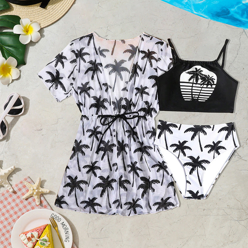 Set mare 3 pezzi bimba – Bikini top, slip a vita alta e copricostume con stampa palme