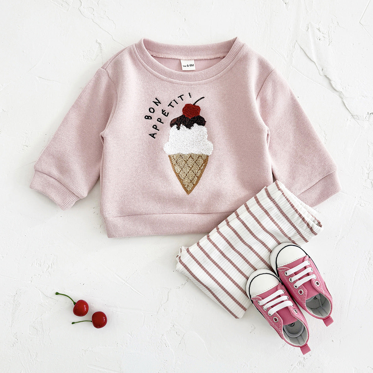 Completino “Bon Appétit” Rosa con Felpa Gelato e Leggings a Righe