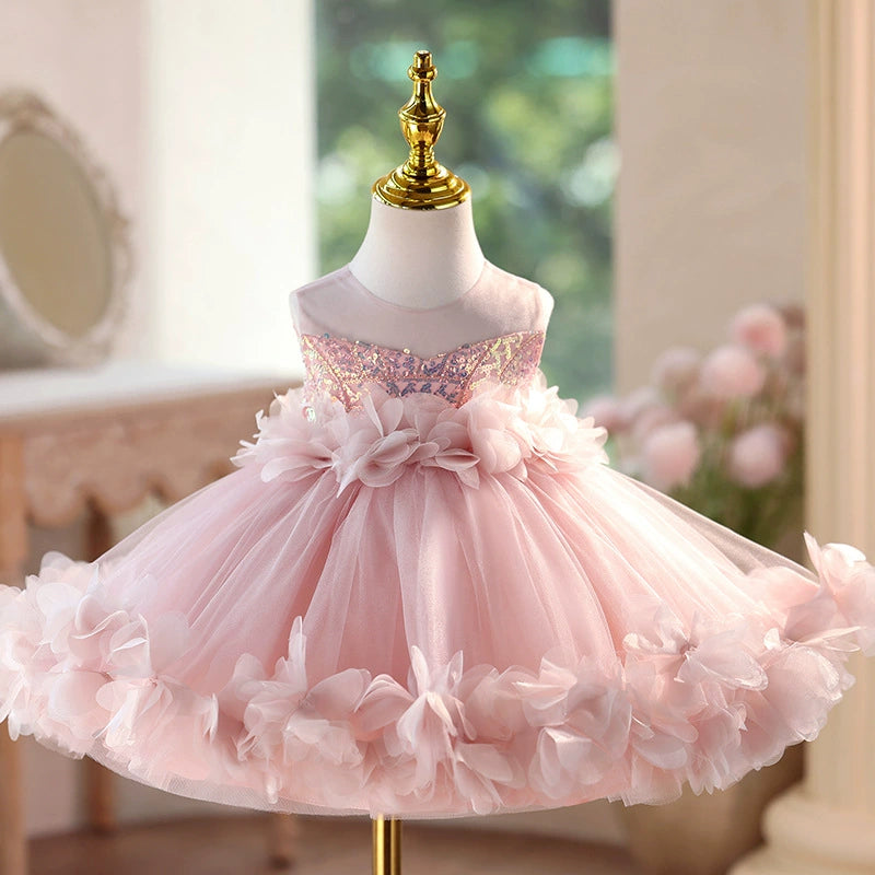 Abito Elegante da Cerimonia Bambina – Rosa con Fiori in Tulle