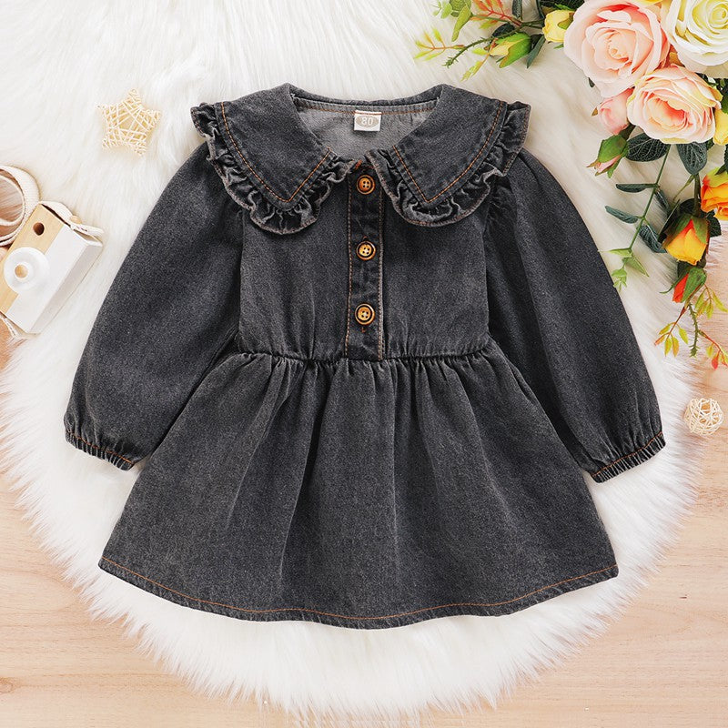 Vestitino Bimba in Jeans Nero con Colletto Volant e Bottoni in Legno