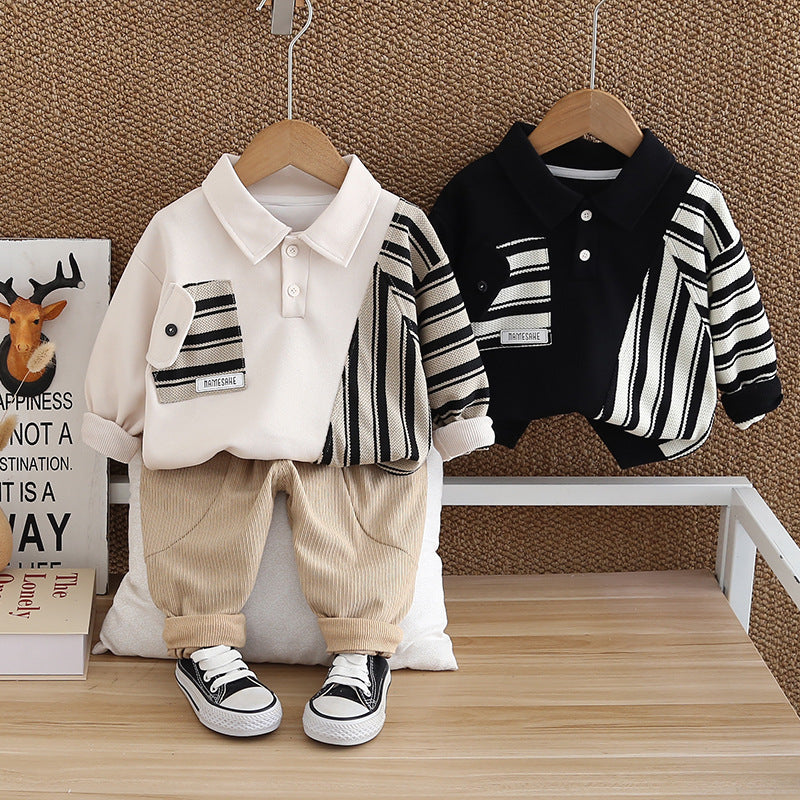 Completo Casual Bambino  Maglia Polo Patchwork e Pantaloni in Velluto
