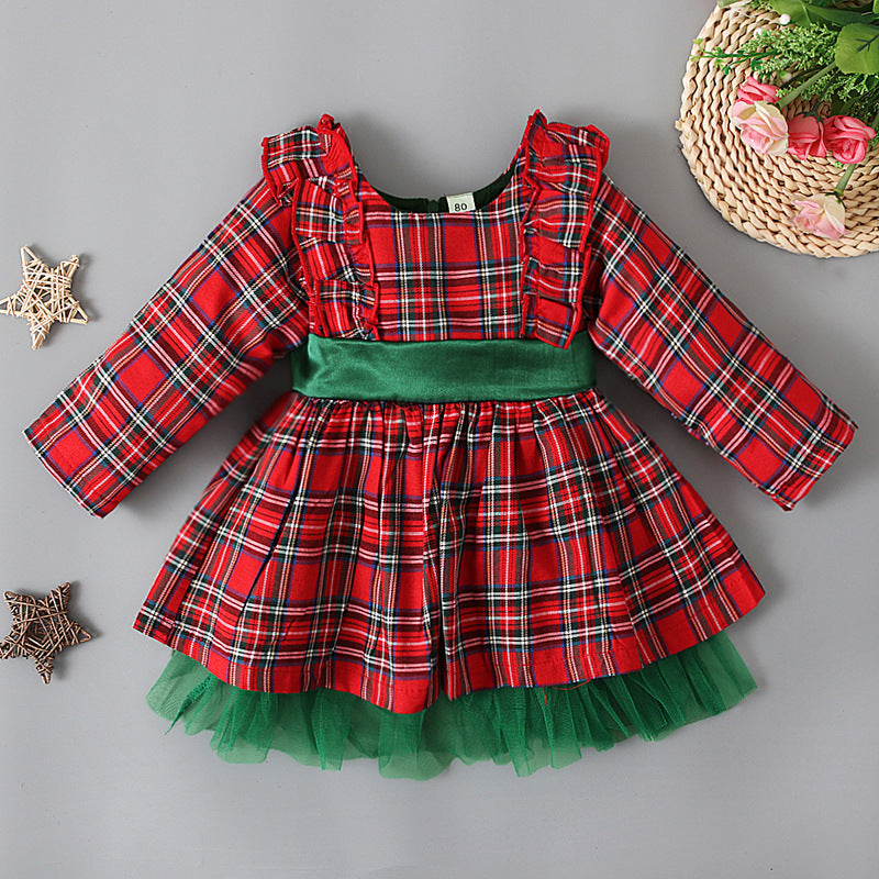 Vestito Natalizio Bimba Scozzese con Fiocco Verde – Tulle, Maniche Lunghe