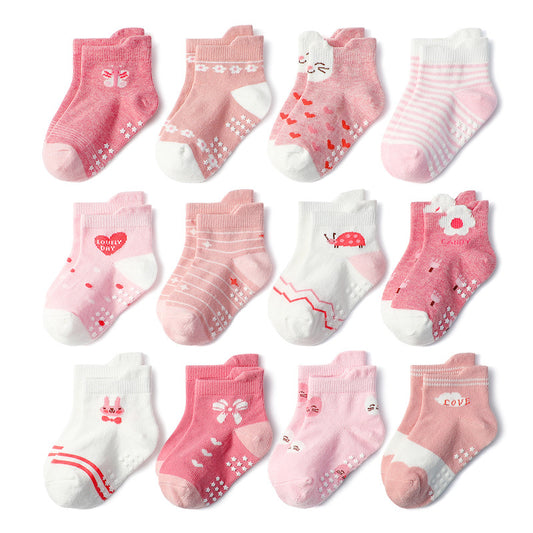 Set 12 Calzini Antiscivolo Bambina   Fantasie Rosa e Cuoricini