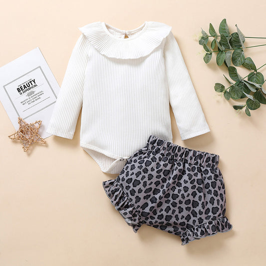Completo Neonata Elegante   Body a Costine con Colletto e Shorts Animalier