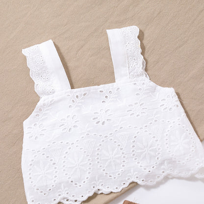 Completo Estivo Bambina  Top Sangallo Bianco e Pantaloni Marroni