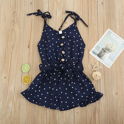 Tuta estiva bambina con cuoricini – Blu navy con fiocco e bottoni