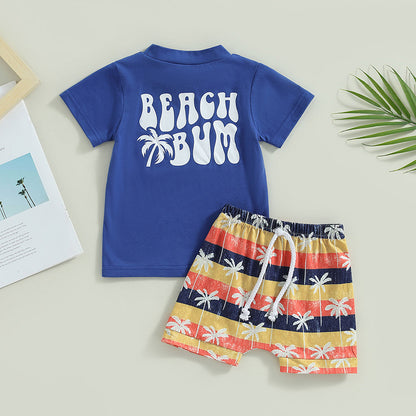 Completo Estivo per Bambini – Maglietta Blu con Palme e Pantaloncini Colorati