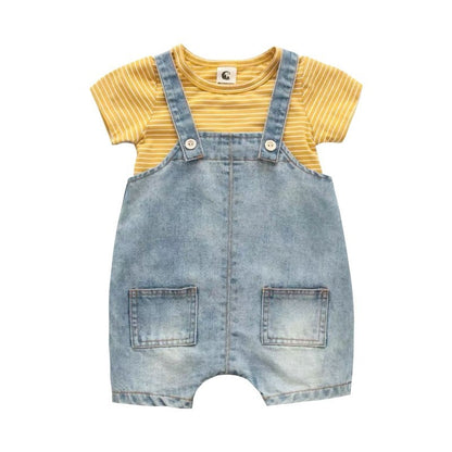 Completo Salopette in Denim e T-Shirt a Righe per Bambini