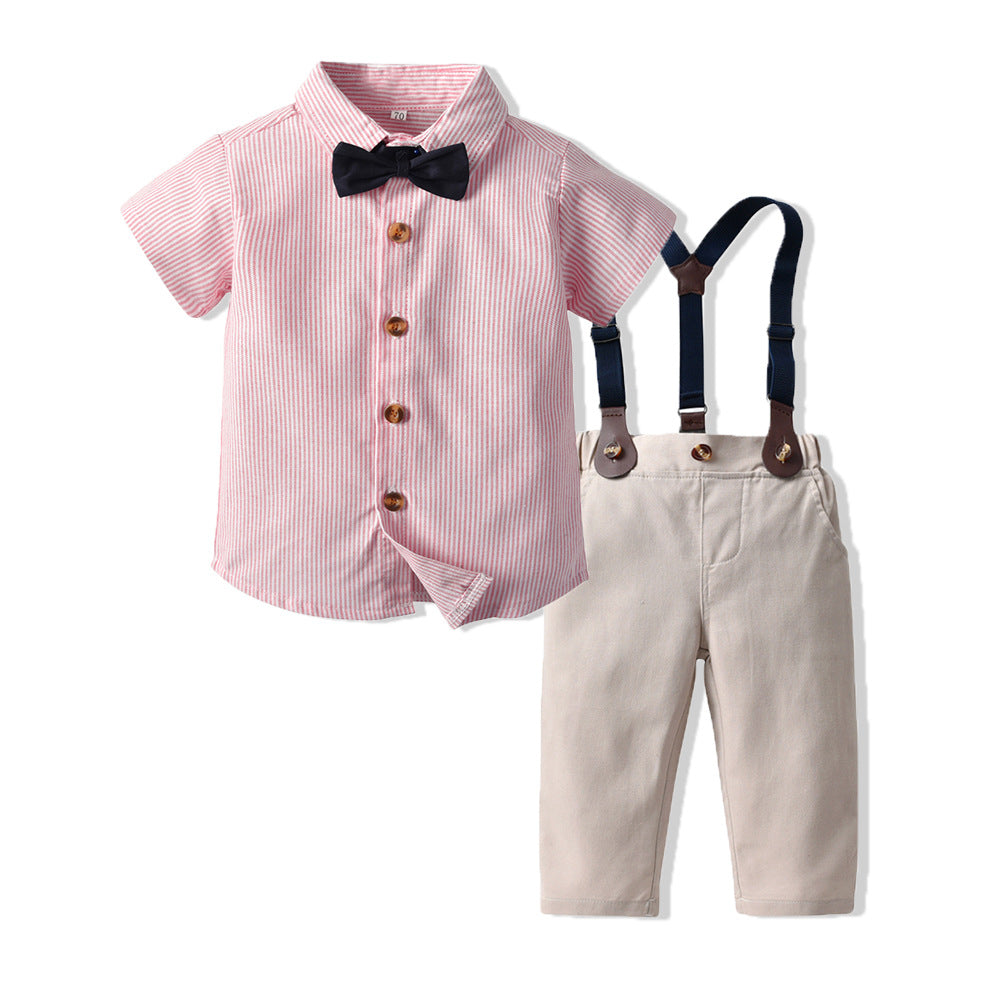 Completo Elegante per Bambino con Camicia manica corta , Bretelle e Papillon Rosa