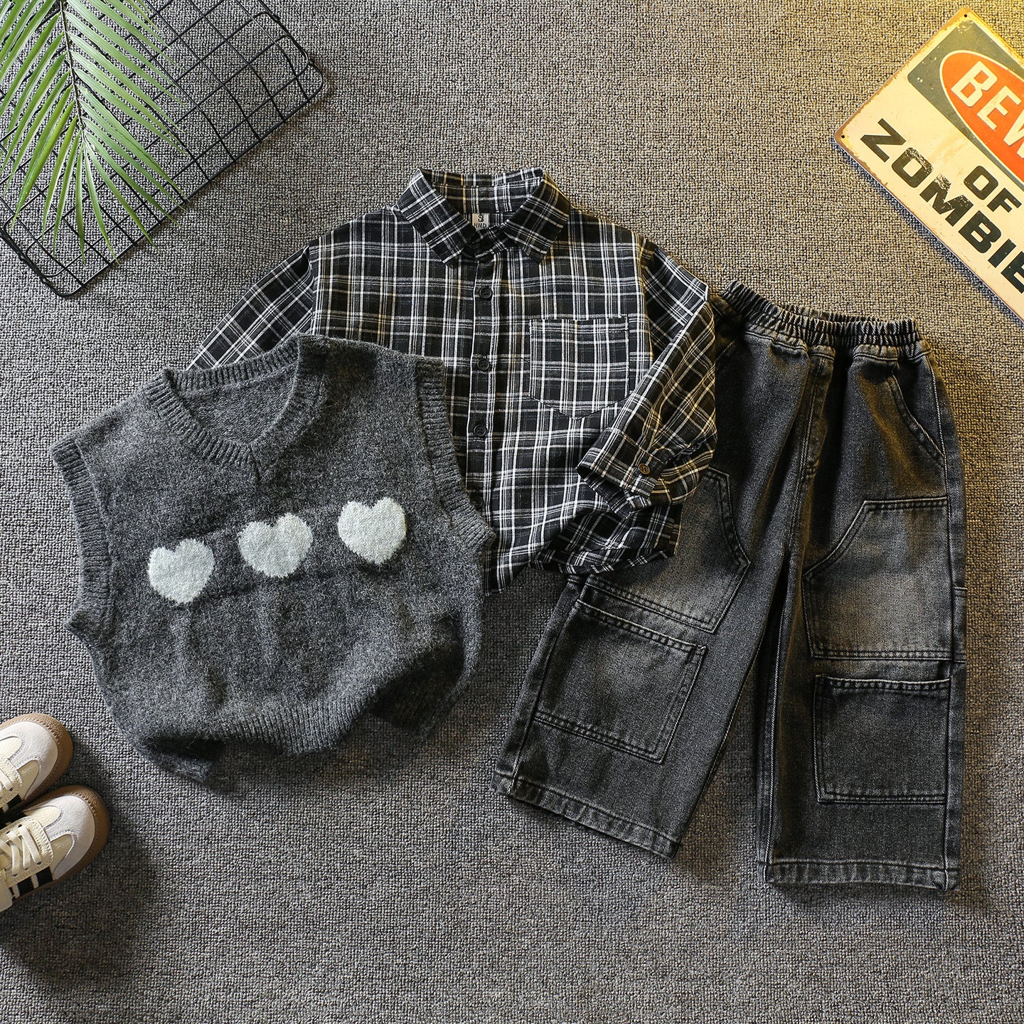 Set 3 pezzi bambino con camicia, gilet e pantaloni cargo