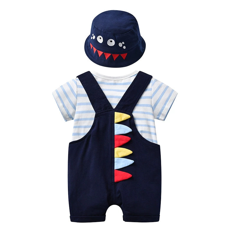 Completo 3 Pezzi Bambino – Salopette + Body a Righe + Cappellino Mostriciattolo