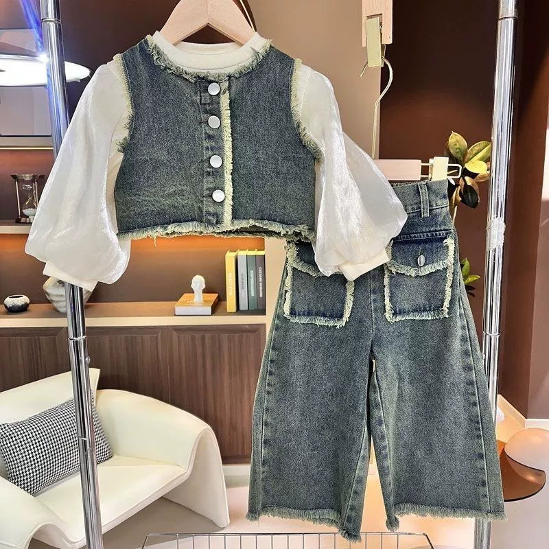 Completo Bambina Denim Chic – Gilet, Blusa e Pantaloni a Zampa
