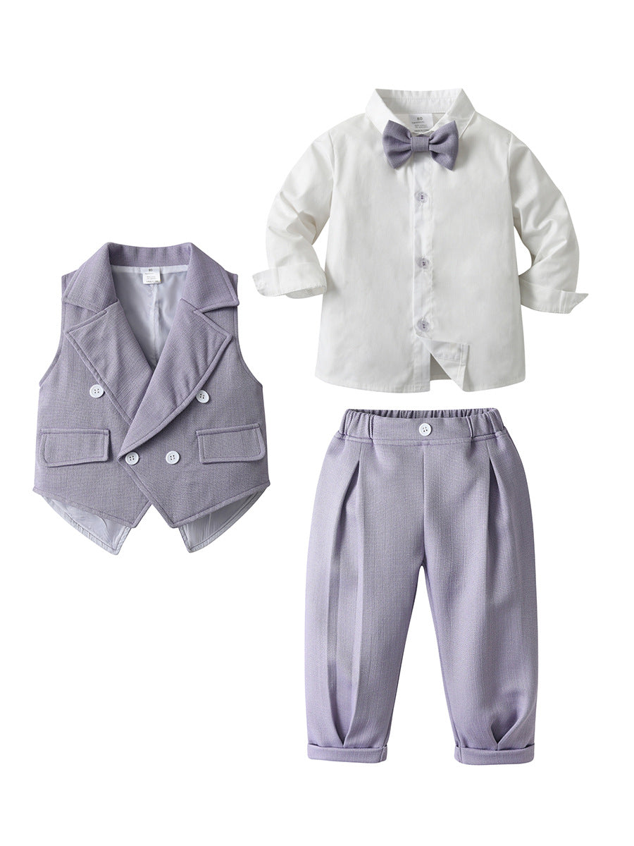 Completo elegante bambino 3 pezzi - Camicia, gilet e pantaloni lilla con papillon
