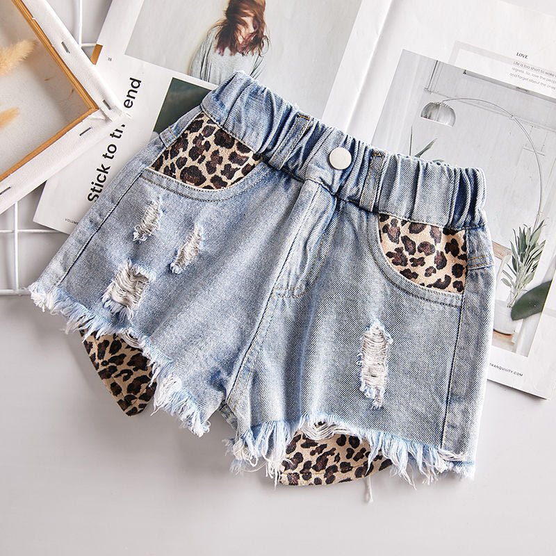 Shorts in Denim con Inserti Leopardati